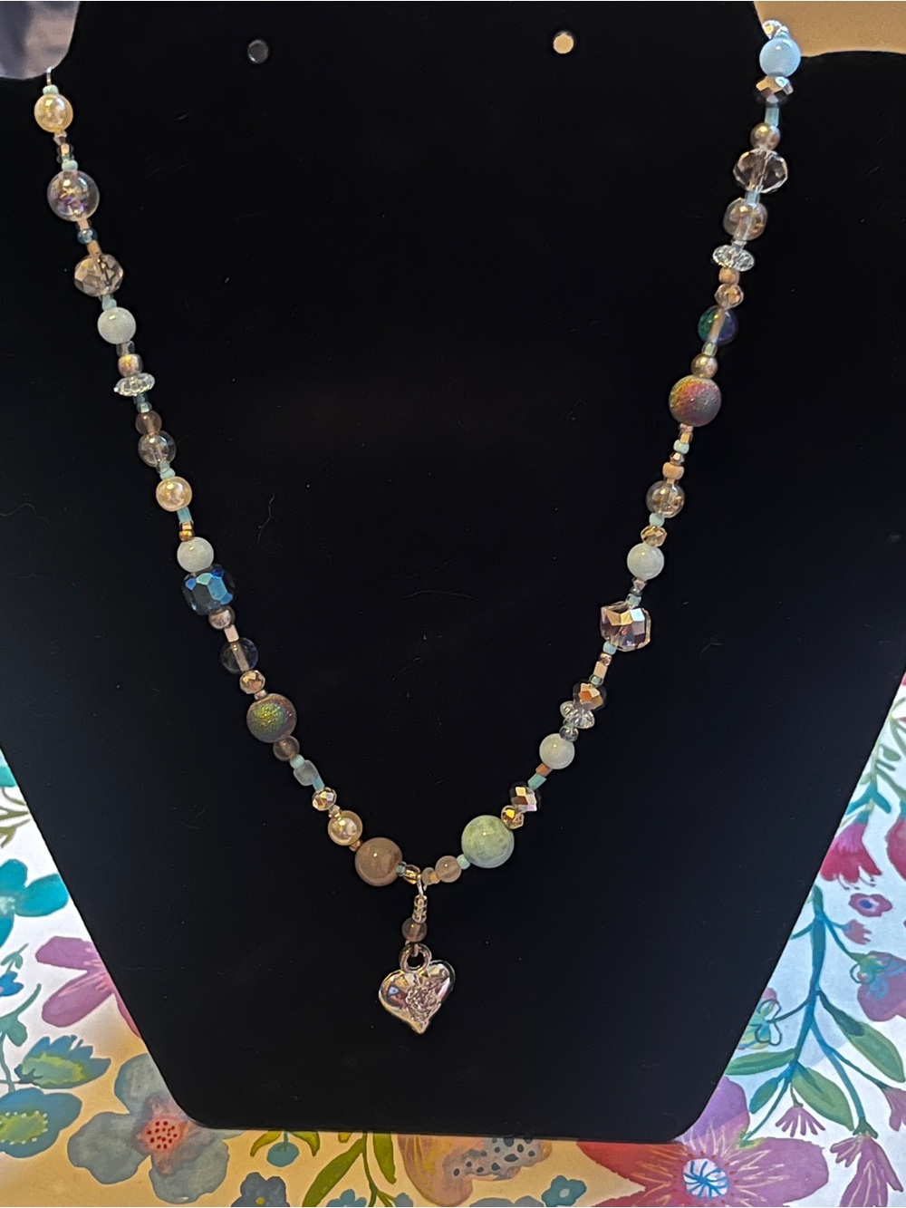 Iridescent Beaded Heart Pendant Necklace - Multi-Color